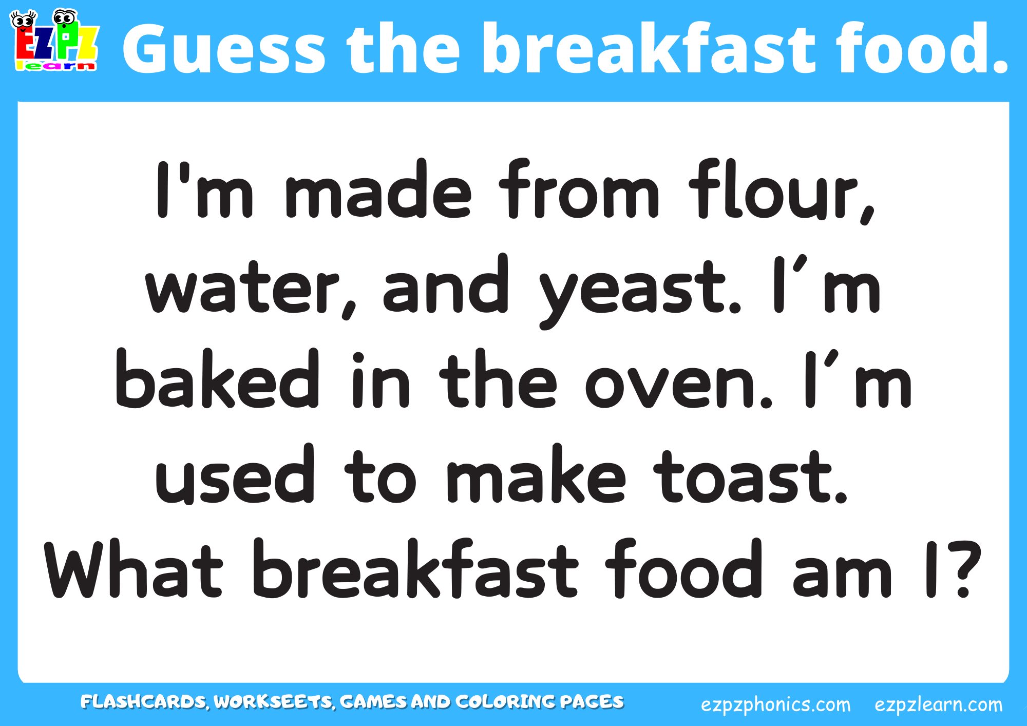 Breakfast Food Vocabulary Guessing Game for Kids. Read the clue then